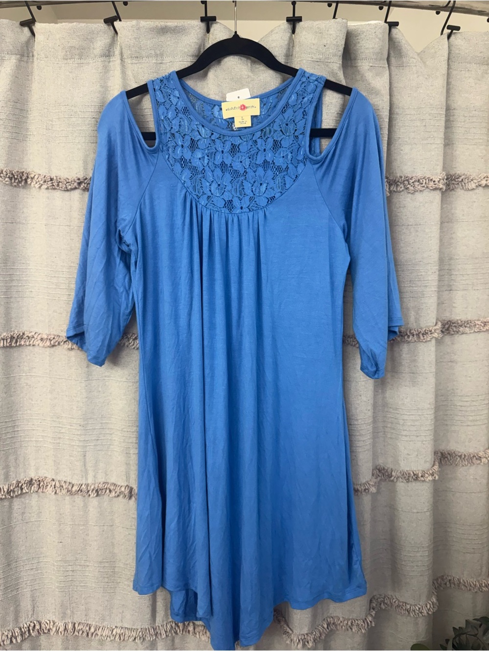 Wishful Park Women's Tunic Dress, Cold Shoulder,  Lace, Blue - SIZE L New